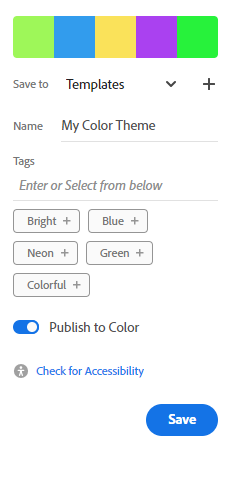 Adobe Color Menu mit dem Hinweis "Check for Accessibility" um die Farbpalette für Farbblindheit zu überprüfen.