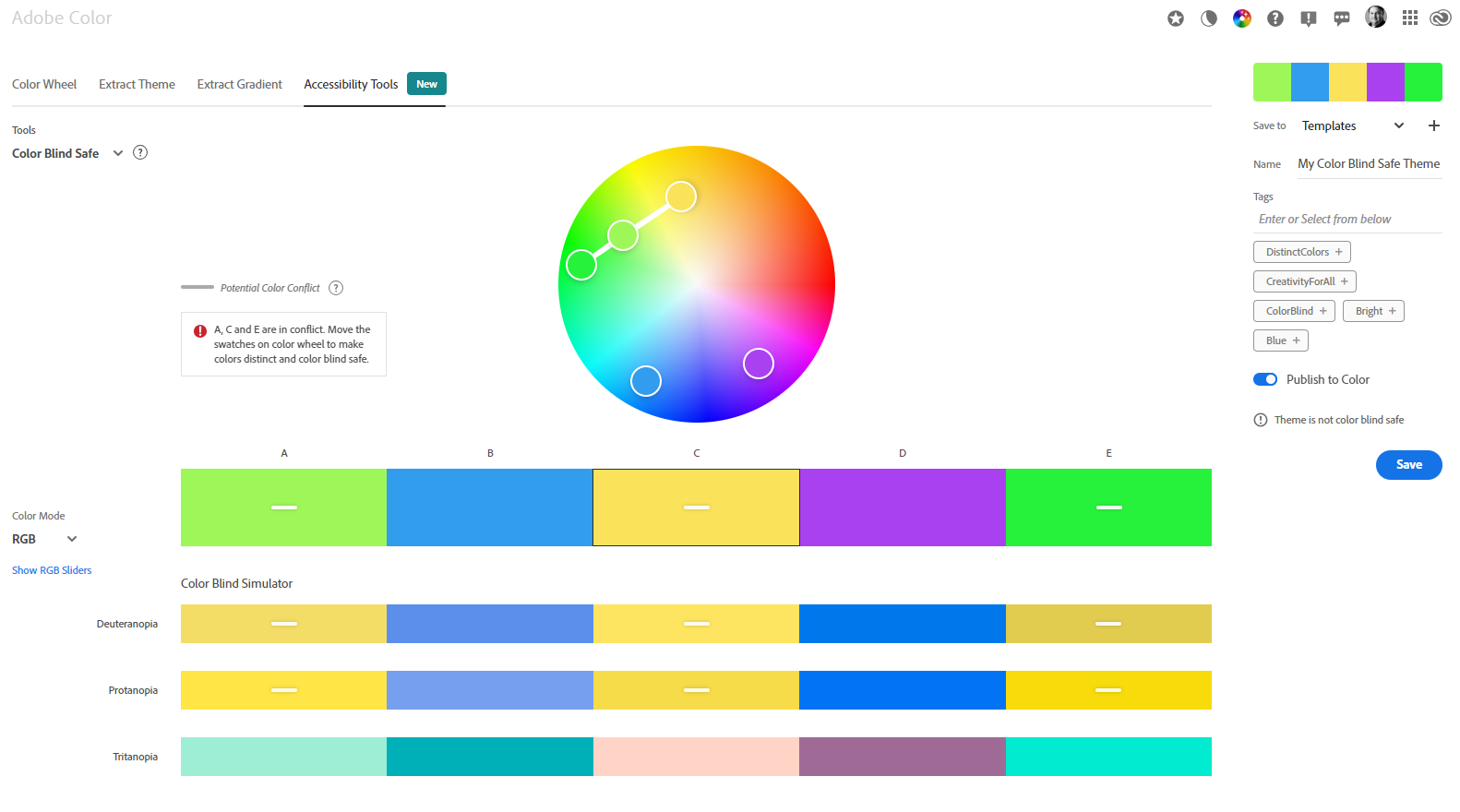 Adobe Color Anzeige mit ungeeigneten Farben für Farbblindheit