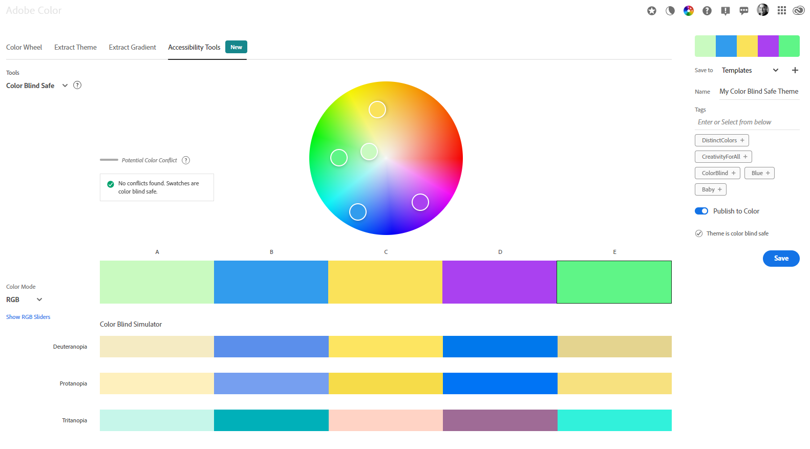 Adobe Color Anzeige mit nun optimierter Farben für Farbblindheit geeignet.